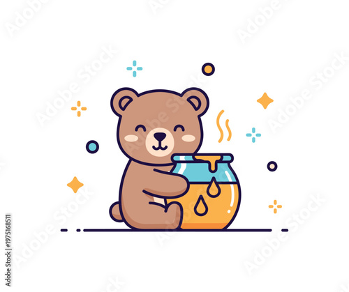 Sweet bear moment a small bear hugging a honey pot with a soft smile and minimal decorative accents enhancing warmth. A charming visual of comfort