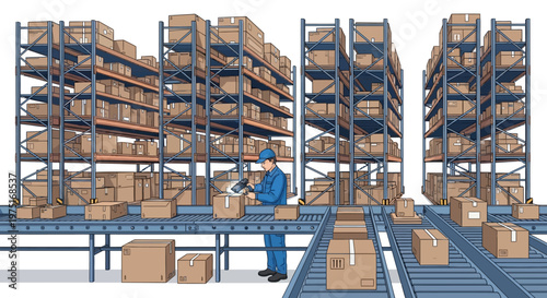 Isometric vector illustration featuring a worker scanning packages on a conveyor belt in a busy fulfillment center, with rows of industrial storage racks filled with boxes
