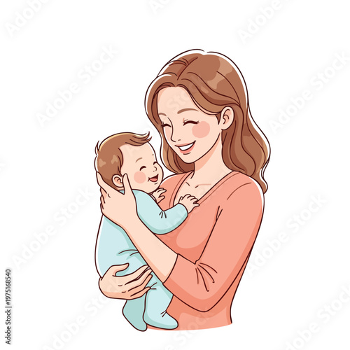 A woman joyfully embraces and holds a smiling baby, depicted in a warm, illustrative style