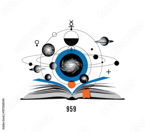 book orbit planets concept with geometric circles semicircles and symbolic shapes, black and white planets and galaxies orbiting around open book with layered