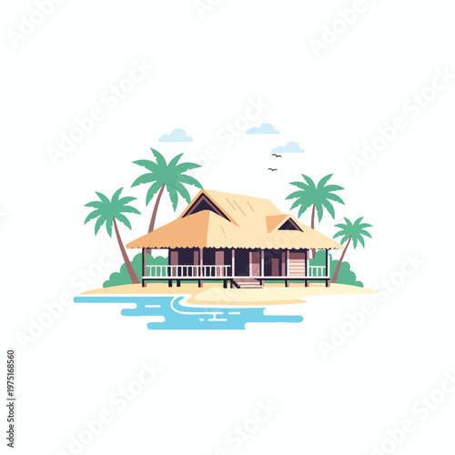 Tropical bungalow on stilts surrounded by palm trees and turquoise water