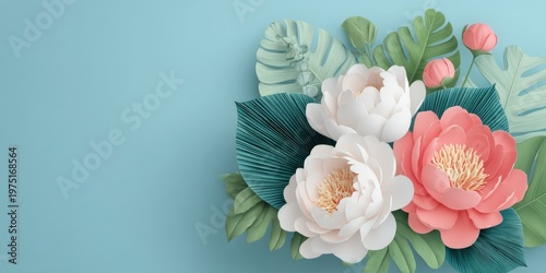 Paper art peony flowers and tropical leaves on pastel blue background with copy space