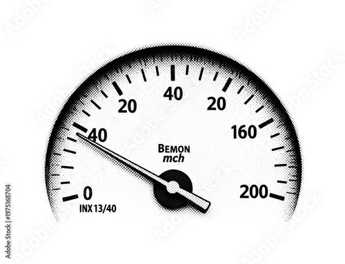 A large analog gauge with needle and engraved markings, black and white halftone illustration, vintage newspaper aesthetic, strong contrast, centered