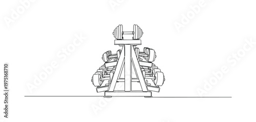 Fitness Studio Illustration. Minimalistic one-line drawing rack with neatly arranged dumbbells in side view, continuous single black line on white background,