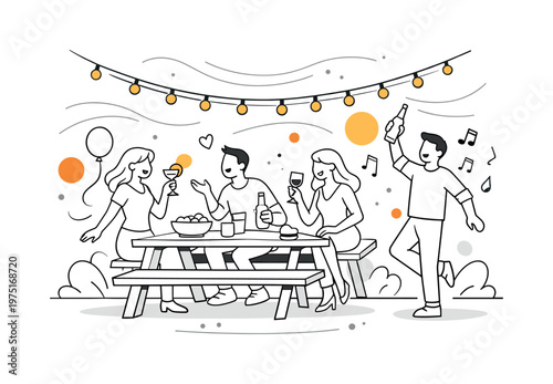 Backyard party atmosphere. String lights stretched above a simple outdoor table, soft curved motion lines