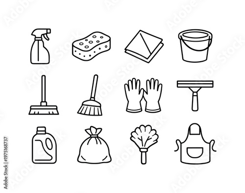 spring cleaning supplies outline. Line outline icon set of spring cleaning supplies outline: spray bottle,