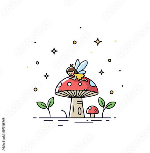Tiny forest wonder a little fairy resting on a mushroom cap surrounded by small leaves and floating sparkles suggesting calm woodland magic. The