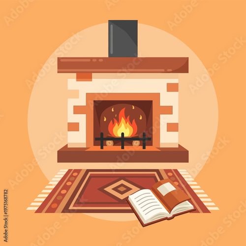 Fireplace with burning fire and book.