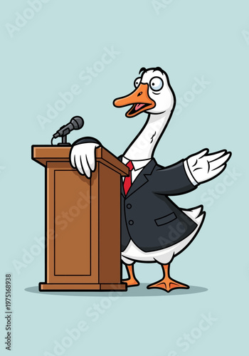 Goose giving a speech outdoors.