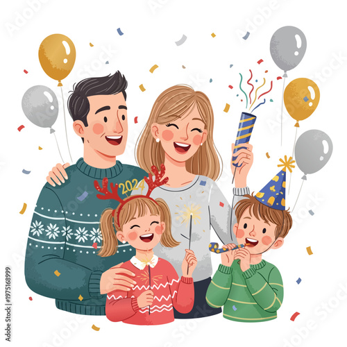 Joyful family celebrates New Year's Eve with fireworks, confetti, and balloons