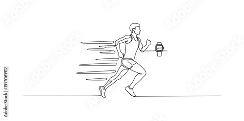 Running with Step Tracker. Minimalistic one-line drawing running person silhouette with small step counter watch and motion lines, continuous single black line