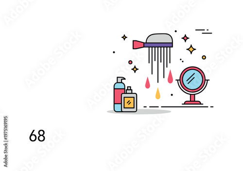 Hair styling transition concept with falling strands and a small mirror icon expressing transformation, renewal, and personal care. Minimalist flat vector