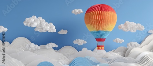 Colorful hot air balloon floating above layered paper clouds in a bright blue sky