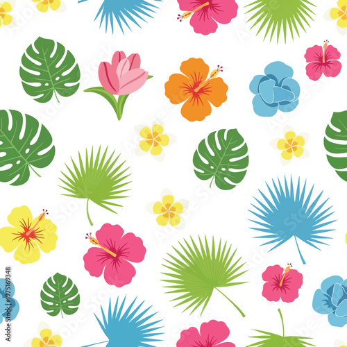 Vibrant tropical floral and leaf pattern with monstera, hibiscus, plumeria, and palm fronds