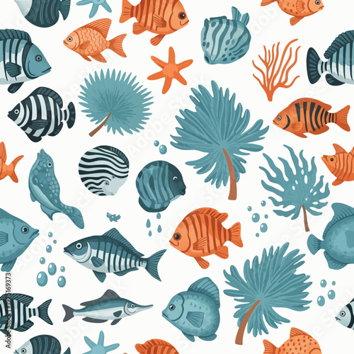 Whimsical underwater scene with various fish, coral, and plants