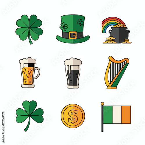 A collection of Irish-themed illustrations including shamrocks, a hat, and a pot of gold