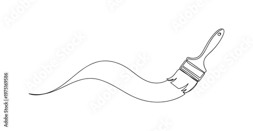 Design Process Illustration. Minimalistic one-line drawing paint brush creating abstract wave stroke in air, continuous single black line on white background,