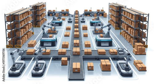 Isometric illustration showcasing warehouse automation, featuring AGV robots and conveyor systems sorting parcels in a fulfillment center with industrial storage logistics, rendered
