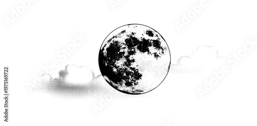 A full moon partially obscured by soft cloud shapes, rendered with heavy halftone grain and subtle engraved texture, black and white halftone illustration,