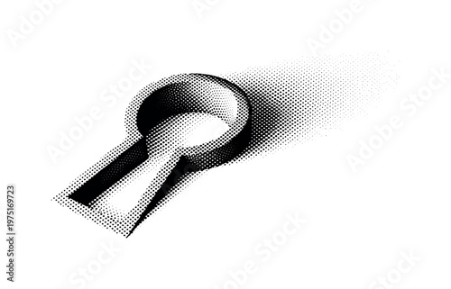 A symbolic keyhole shape emerging from abstract halftone shadows, slightly angled as a single object, black and white halftone illustration, textured dot