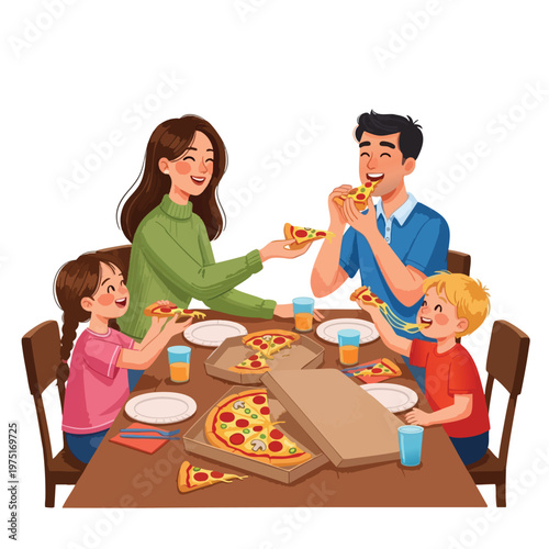 Family enjoys pizza dinner together at a wooden table