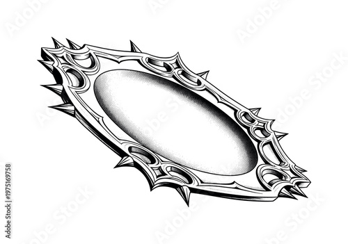 A gothic ornamental plate with spiked edges and flowing carved patterns forming a frame, slightly angled as a single object, black and white halftone