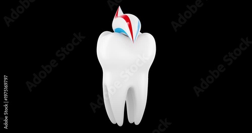 Tooth with toothpaste wave, rotation animation seamlessly loopable. 3D rendering isolated on transparent background
