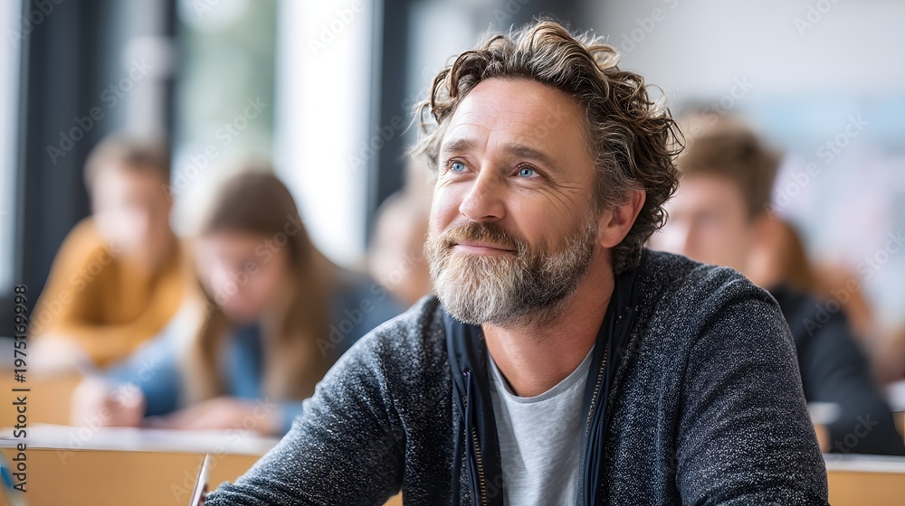 Fototapeta premium Focused adult male participates in lecture or seminar setting