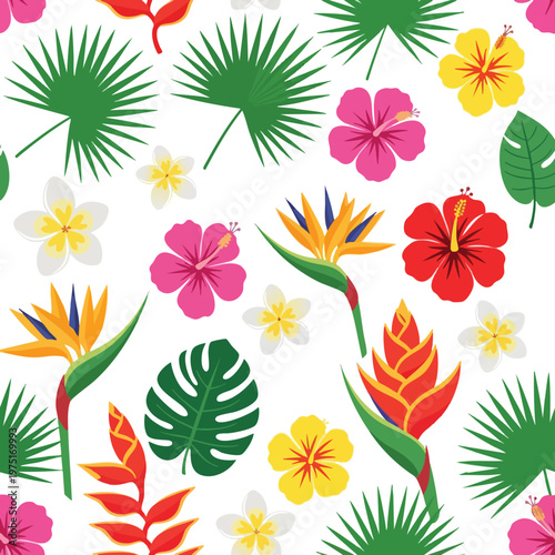 Bright tropical foliage and flowers arranged in a cheerful, seamless pattern