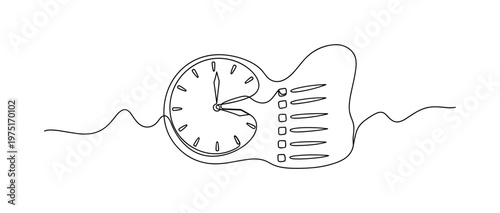 Work Planning Illustration. Minimalistic one-line drawing clock merged with flowing task list outline, continuous single black line on white background, simple