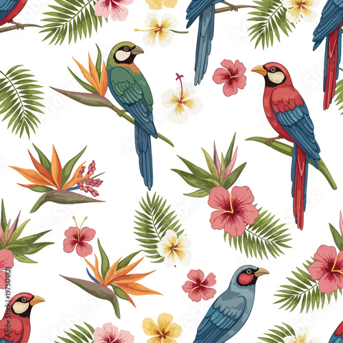 Tropical birds and exotic flowers pattern with white background