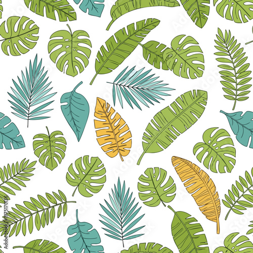 A cheerful pattern of various tropical leaves in green, teal, and yellow
