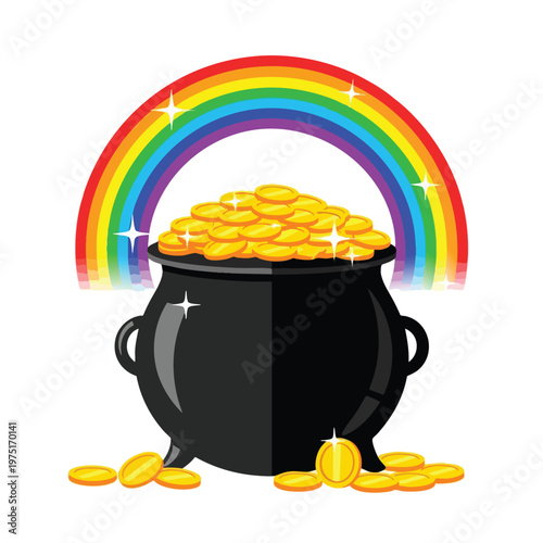 A pot brimming with gold coins sits beneath a vibrant rainbow with bright sparkles