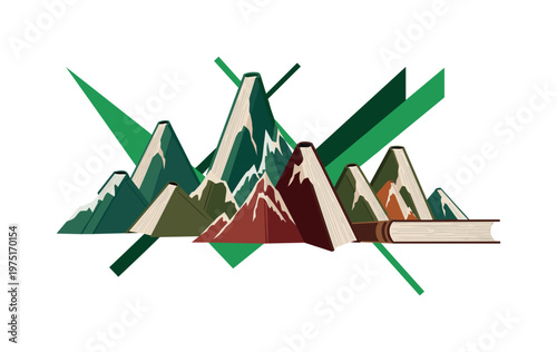 fragmented books forming abstract mountain shapes, green geometric shapes and sharp lines slicing through composition, flat colors and strong contrast,