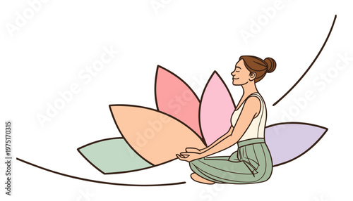 Woman Sitting in Yoga Pose with Lotus Flower – Minimal Line Art Illustration