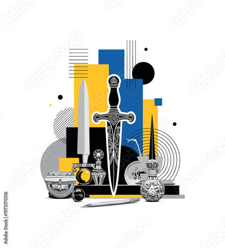 ritual dagger altar still life with abstract geometric blocks circles and lines, black and white ceremonial dagger placed among occult objects with white