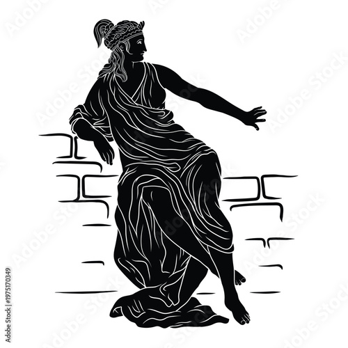 An ancient Greek woman in a tunic sits on a stone parapet.