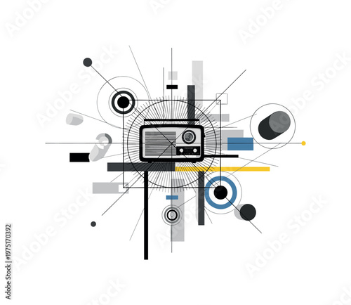 vintage radio station concept with geometric overlays, black and white radio paired with structured line systems and concentric circles, floating rectangles