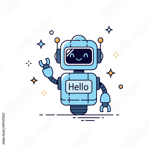 Warm robot greeting a cute robot waving hello with subtle sparkles and a calm friendly stance. The composition expresses kindness and welcoming energy,