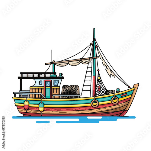 A colorful cartoon fishing boat with nets, buoys, and stacked crates on deck
