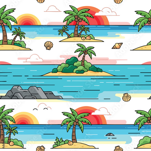 Tropical beach scene with palm trees, islands, and a colorful sunset