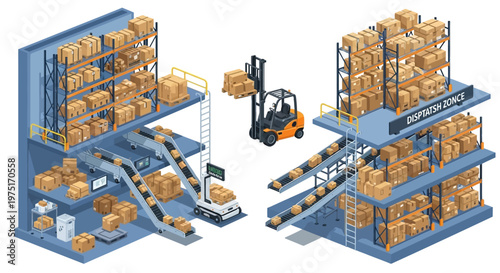 Isometric illustration showcasing warehouse automation, with parcel sorting via conveyor belts and a forklift moving boxes between industrial storage racks, all set against a clean white