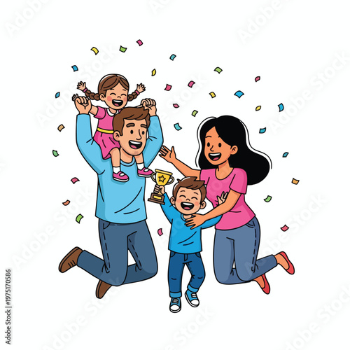 Joyful family jumps with daughter on shoulders, son holding trophy, confetti falls