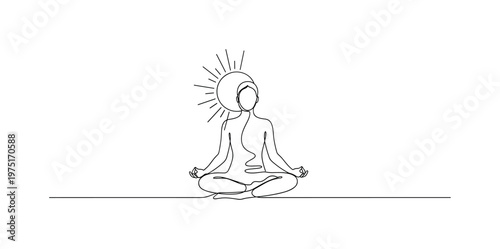 Zen Harmony. Minimalistic one-line drawing a person meditating with a simple sun circle integrated into composition, continuous single black line on white