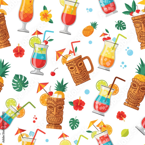 Tropical drinks, tiki masks, and Hawaiian flowers create a vibrant, festive pattern