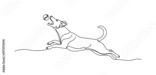 Energetic Play. Minimalistic one-line drawing a dog jumping high chasing a ball with dynamic curves, continuous single black line on white background, simple
