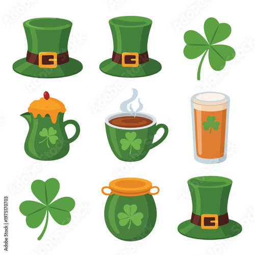 Collection of St. Patrick's Day themed items hats, shamrocks, pot, coffee, and beer