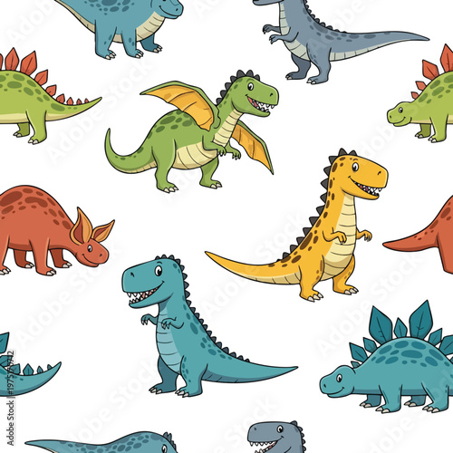 Whimsical cartoon dinosaurs in various colors and poses create a playful, seamless pattern