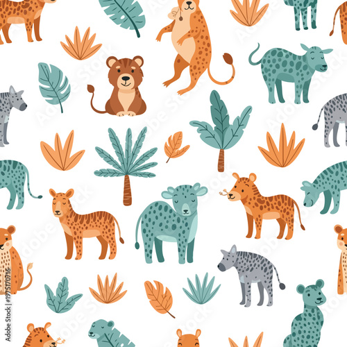 Seamless pattern of cute cartoon safari animals and tropical foliage