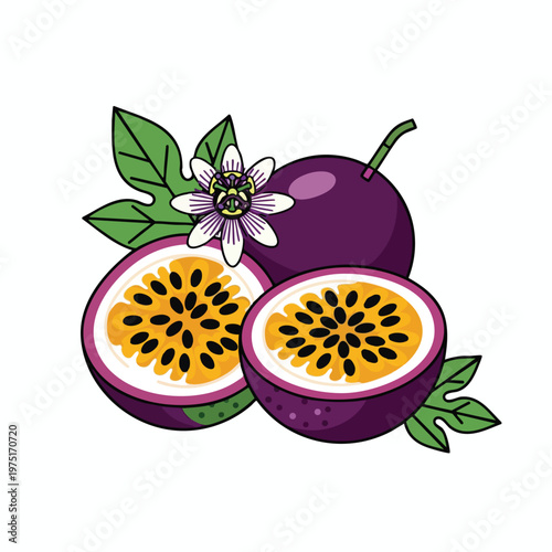 Purple passion fruits, one whole, one halved, with a delicate flower and green leaves